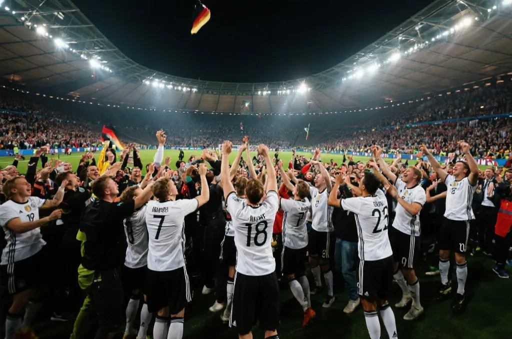 德国队庆祝进球的瞬间，观众与灯光形成强烈对比