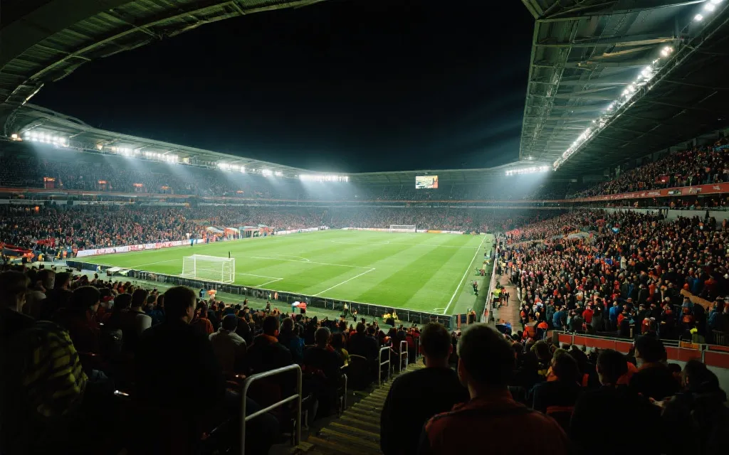 球迷在看台上观赛的热烈氛围与全景视角